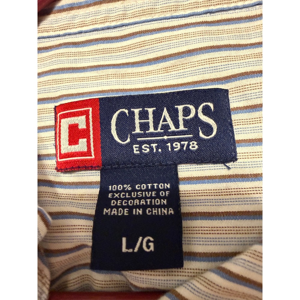 Chaps Mens Long Sleeve Striped Button Down Shirt Blue Brown White Size L - Picture 2 of 7